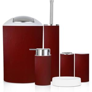 Bathroom Accessory Set 6 Piece Burgundy Acrylic Watercolor Marble Shiny Toothbrush Holder, Toothbrush Cup, Soap Dispenser, Soap Dish, Toilet Brush Holder, Trash can, xoniKYxlaPeIs-6j