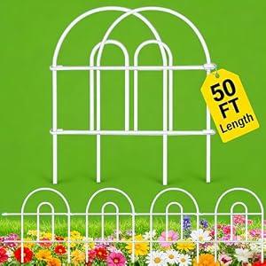 AMAGABELI 35 Panels 18in(H)×50ft(L) Decorative Garden Fence No Dig Rustproof Metal Pre-Linking Fence Panels Garden Edging Border Animal Barrier Fencing for Flower Beds Yard Patio Outdoor Decor White