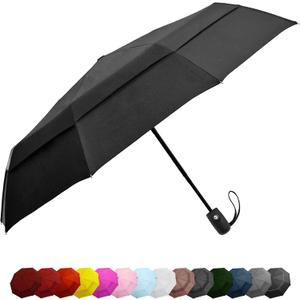 Windproof Travel Umbrellas for Rain - Lightweight, Strong, Compact with & Easy Auto Open/Close Button for Single Hand Use - Double Vented Canopy for Men & Women (Black)