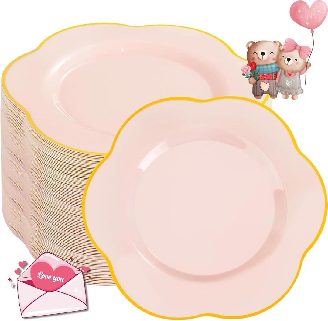 Liacere 60Pcs Pink Plastic Plates-Pink Disposable Plates With Gold Rim-Heavy duty Gold Plates,Water ripples Party Plates Include 30Dessert-Platos,30Dinner-Platos for Weddingy&Mother's Day&Easter Day (10.25inch)