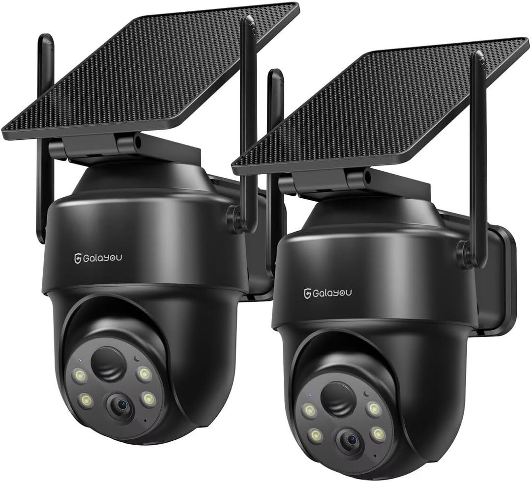GALAYOU 2K Cameras for Home Security-2.4G WiFi Outdoor Camera Wireless Solar/Battery Powered, 360 PTZ Color Night Vision, PIR Detection, SD/Cloud Storage, Waterproof, Work with Alexa, R1 2P Black