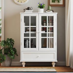 KEIKI Sideboard Buffet Cabinet with Glass Doors and Drawer, Wooden Storage Cabinet with Adjustable Shelf Modern Display Cabinet Cupboard for Living Room, Dining Room, Kitchen, Hallway & Entryway (White)