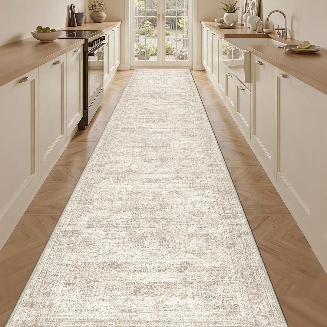 3x16 Washable Runner Rug for Hallway, Non-Slip Long Hallway Runner for Entryway, Soft Vintage Kitchen Mats for Floor, Abstract Dining Room, Bedroom, Living Room Rugs(3'x16', Beige/Ivory)