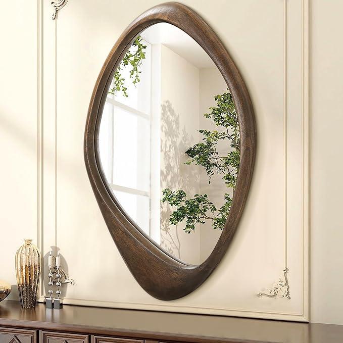 AAZZKANG Large Rustic Wall Mirror with Wooden Frame Vintage Irregular Wall Mirror 28"x20"Asymmetrical Hanging Mirror for Bathroom Bedroom Living Room Entryway