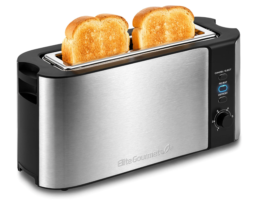 Elite Gourmet ECT3200 2Slice, 1 Long Slot, Slim Toaster, Reheat, 6 Toast Settings, Defrost, Cancel Functions, Builtin Warming Rack, Extra Wide Slots for Bagels Waffles, Stainless Steel & Black