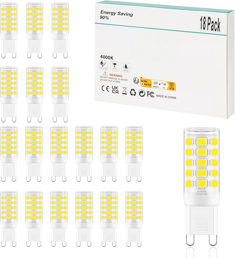 G9 LED Bulb Dimmable 3W, T4 G9 4W Replacement for 40 Watts Halogen, 4000K Natural Daylight, Chandelier Lighting, AC 120V No-Flicker, Pack of 18