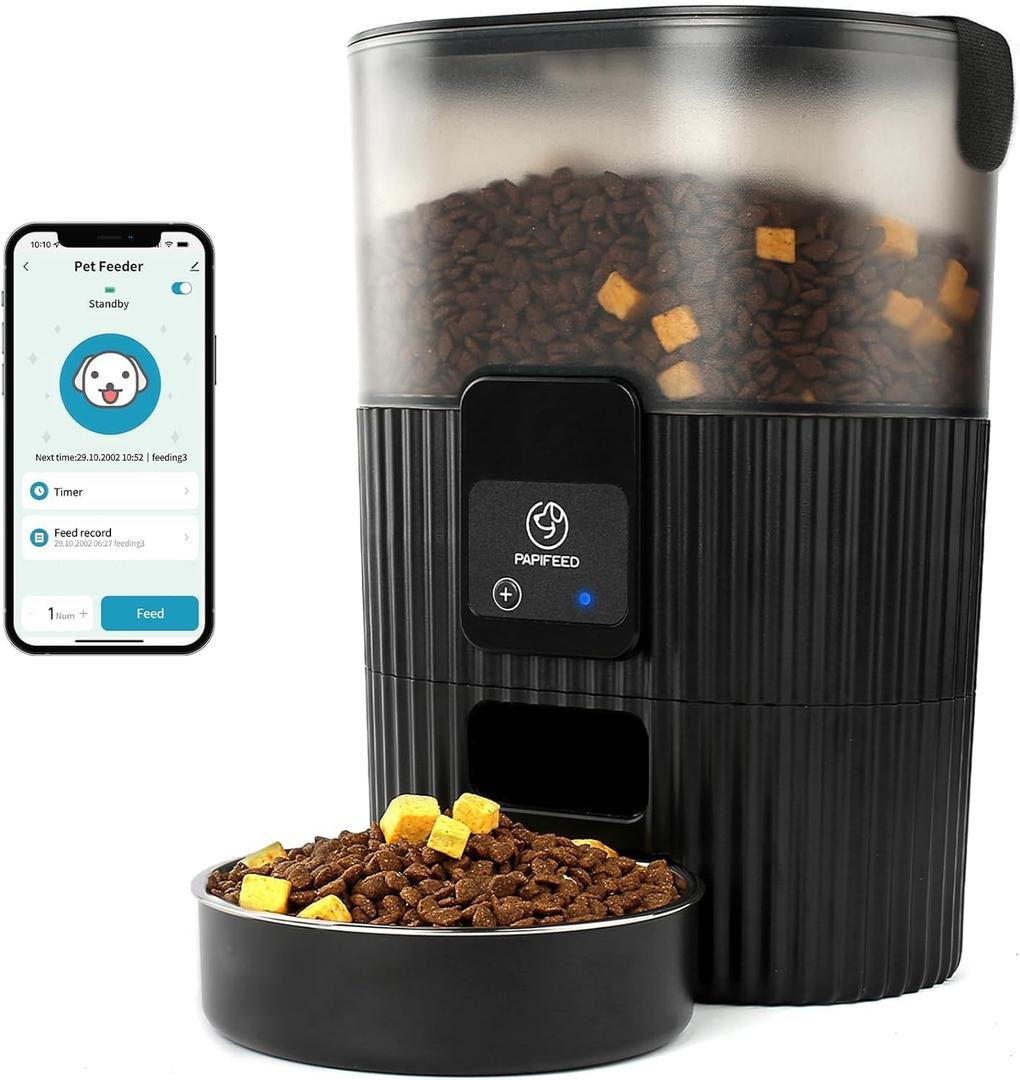 Automatic Cat Feeder 3.5L/15 Cup 2.4G WiFi Pet Feeder for Dog Work with Alexa & Echo Timed Cat Food Dispenser for Remote Feeding with Stainless Steel Bowl up to 10 Meals Per Day with APP (Black)