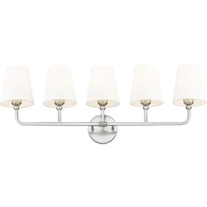 Bathroom Light Fixtures, 5 Light Brushed Nickel Vanity Lights with Flared White Fabric Shade, 35 Inch Wall Sconce, Modern Sconces Wall Lighting for Hallway Bedroom, VL837-BN-5