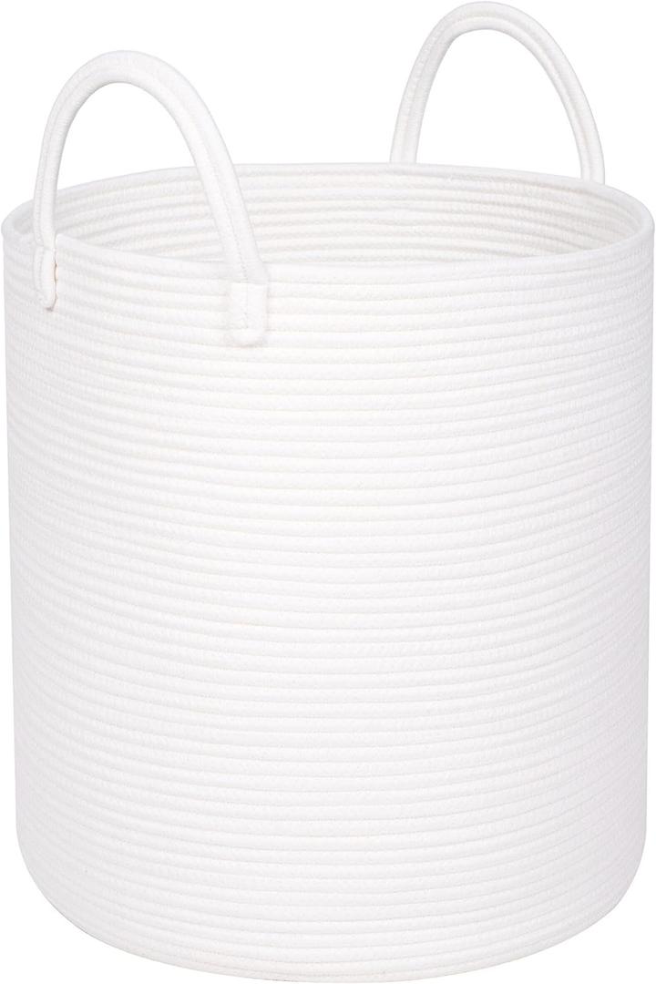 MINTWOOD Design Large 18 x 16 Inches Decorative Woven Cotton Rope Basket, Tall Laundry Basket Hamper, Blanket Basket for Living Room, Storage Baskets for Toys, Towel, Throw, Pillow, Creamy White