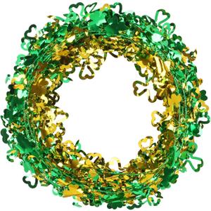 LOAVER 75 Ft St. Patrick's Day Shamrock Wire Wreath Tinsel Garland,3 Rolls Hollowed Metallic Twist Garland Irish Festive Clover Wreath for St. Patrick's Day Party Wall Crafts Decoration(Green & Gold)
