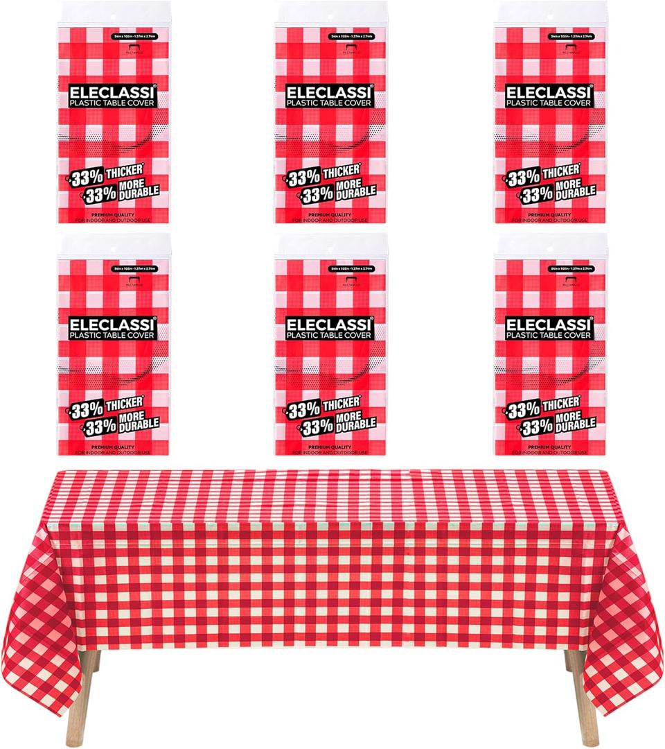 Eleclassi Red Gingham Checkered 6 Pack Premium Disposable Plastic Tablecloth 54 x 108 in - Plastic Table Cloth Disposable Tablecloth for Rectangle Table Up to 8 Feet