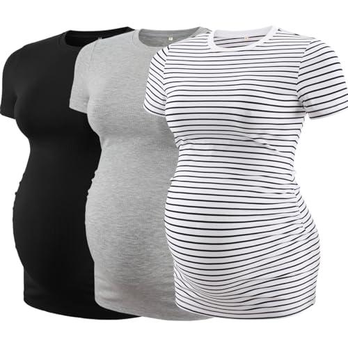 Liu & Qu Womens Maternity Shirts Ribbed Short Sleeve Maternity Tops Casual Crew Neck Side Ruched Pregnancy Clothes 3 Pack, S
