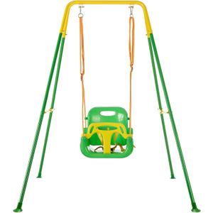 FUNLIO 3-in-1 Toddler Swing Set with 4 Sandbags, Indoor/Outdoor Baby Swing with Foldable Metal Stand, Kids Swing Set for Backyard, Clear Instructions, Easy to Assemble & Store, Light Green