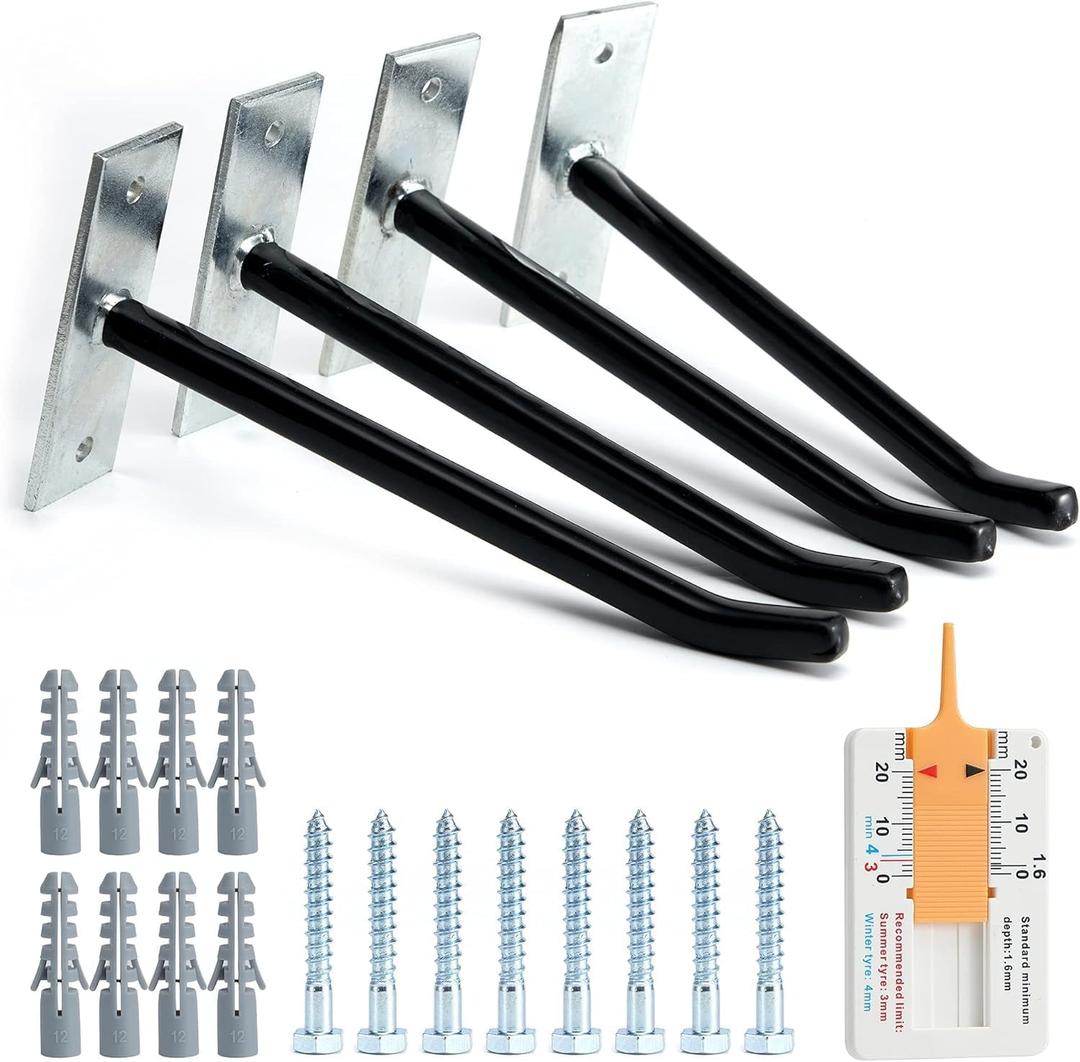 Sinoer 10-Inch Heavy Duty Steel Tire Rack Wall Mount (4-Pack) Anti-Slip Garage Tires Hooks for Tire, Wheel, Ladder, Bike & Tool Storage Garage Organization Hanger with Screws & Anchors, Black