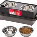 IRIS USA 2-in-1 Elevated Dog Bowls 6" H with Airtight Pet Food Storage Container Holds Up to 5 Lbs, Removable 4 Thick 16 oz Stainless Steel Bowls, at Home or Camping Pet Dish Bowl Set, Smoke/Black