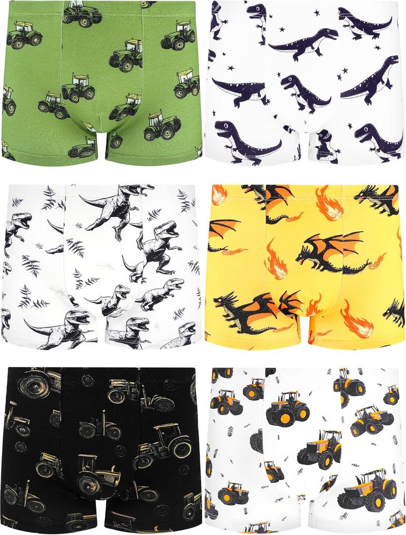 Boys' Underwear,Soft Cotton Tagless Panties for Toddlers' & Little Kids' Comfort,Breathable Boxer Briefs,6-Pack (Dinosaur-flame-tires-pentagram-tree Branch-white)