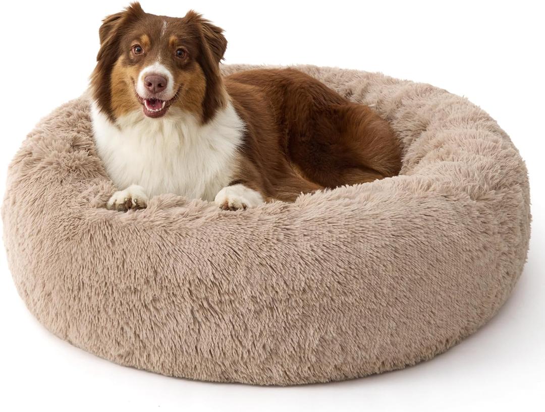 Bedsure Calming Dog Beds Large Sized Dog - 36in Donut Washable Large Pet Bed,Anti-Slip Removable Cover,420GSM Round Anti-Anxiety Fluffy Plush Faux Fur Bed, Fits up to 80 lbs Pets,Plus Version (Camel)