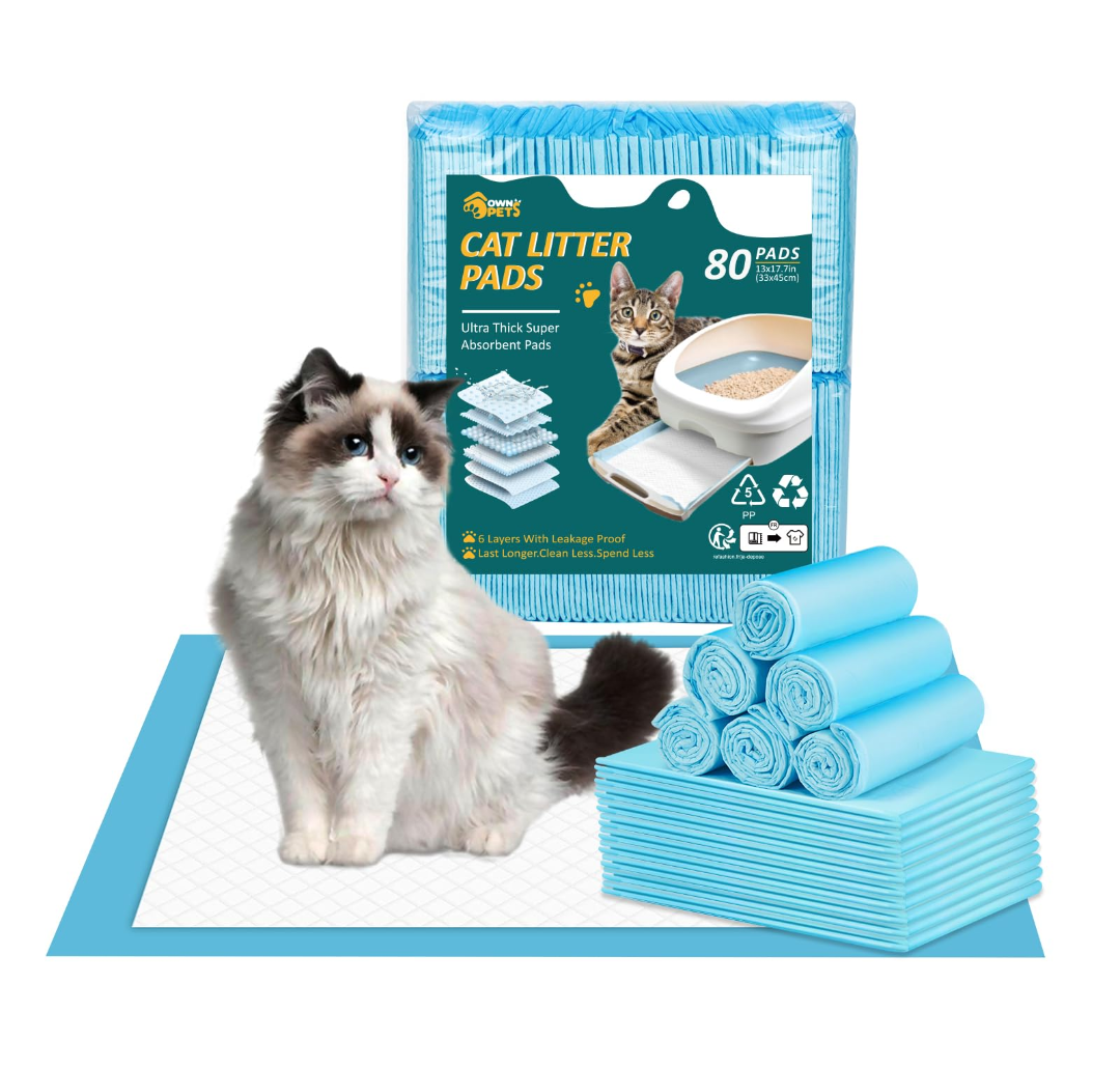 Ownpets Cat Litter Mat 17.7’’ x 13’’, Refills for Cat Litter Box, Cat Liner Pads for Litter System, Leak-Proof 6-Layer with Quick-Dry Surface, Ultra-Thick Cat Pads (80 count)