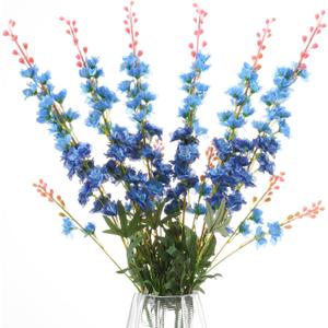 6PCS Blue Delphinium Artificial Flowers, Long Stem Faux Larkspur Silk Flowers, 33.5" Bendable Fake Flowers Bouquets for Tall Vase Table Kitchen Home Offices Garden Wedding Decor