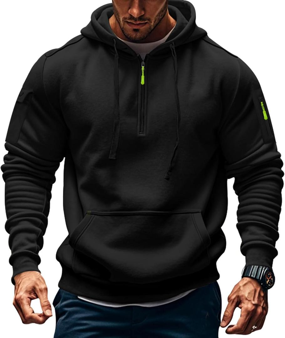Men's Fleece Workout Athletic Pullover Hoodie Long Sleeve Basic Quarter Zip Pullover Sweatshirt with Kanga Pocket (Medium, Black-1)