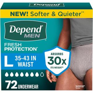 Depend Fresh Protection Adult Diapers, Incontinence Underwear for Men, Disposable, Maximum, Large, Grey, 72 Count (2 Packs of 36), Packaging May Vary
