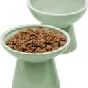 CEEFU 2 Elevated Ceramic Cat Bowls Extra Wide for Food & Water Whisker Fatigue Shallow Food Dish, Lead & Cadmium-Free, Raised Height for Cats, Sage Green