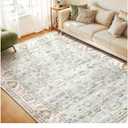 WITSHOCK 8x10 Area Rugs for Living Room: Machine Washable Non Slip Vintage Carpet - Low Pile Lightweight Print Rug for Bedroom Dining Room Kitchen Table - Stain Resistant for Household (Light Blue)