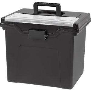 IRIS USA File Box with Lid File Organizer for Letter File w/Organizer-Lid, Plastic Mobile Filing Organizer, Water Resistant Document Box, Portable File Box with Handle, Secure Buckle, Lockable, Black, Single 