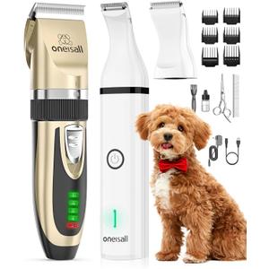oneisall Dog Clippers and Dog Paw Trimmer Kit 2 in 1 Low Noise Cordless Dog Clippers for Grooming Pet Hair Trimmers for Small and Large Dogs Cats Animals (Gold & White)