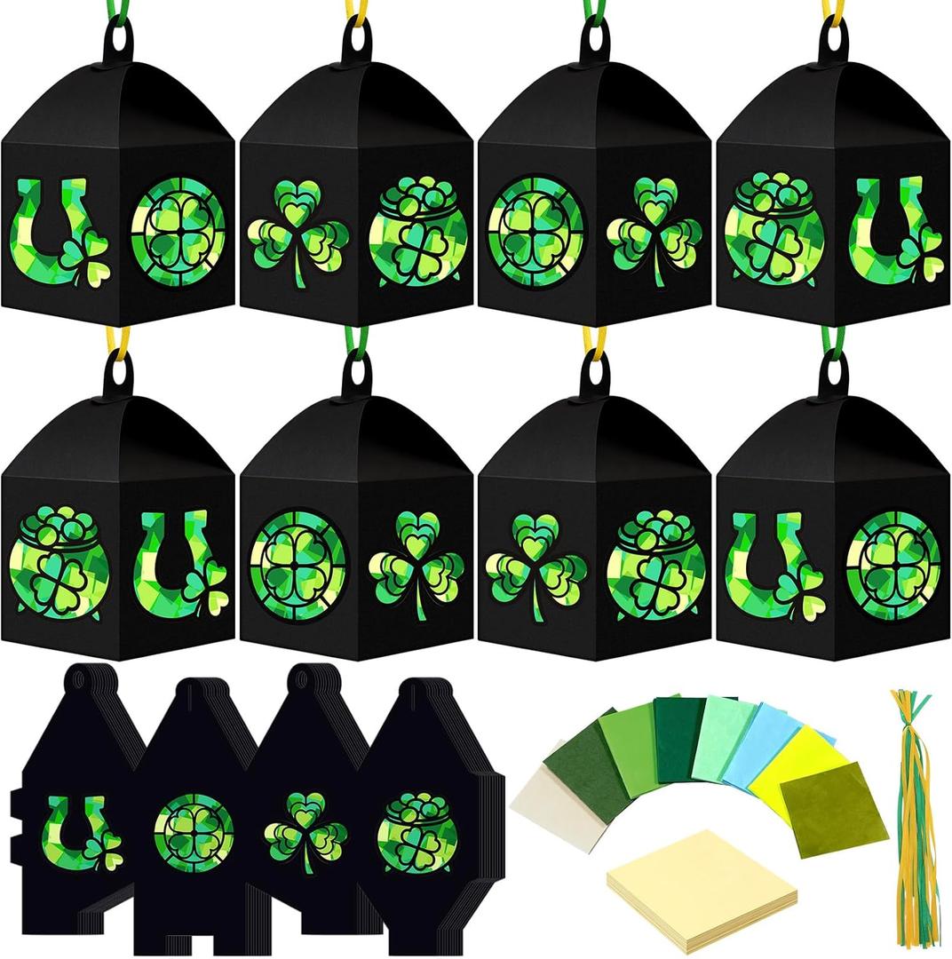 Maitys 16 Sets St Patricks Day Paper Lantern Craft Kit for Adults, Fun Irish Clover Horseshoe DIY Lanterns with Tissue Paper Glue Shamrock Lucky Handcrafts for Home Activities Ornaments Decoration