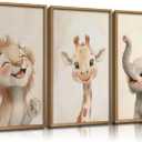 Safari Animals Nursery Wall Art Woodland Animals Nursery Wall Decor Cute Giraffe Elephant Lion Picture Painting Tropical Savanna Poster Print Artwork for Baby Room Boy Room Kids Room Decoration, 24"L x 16"W