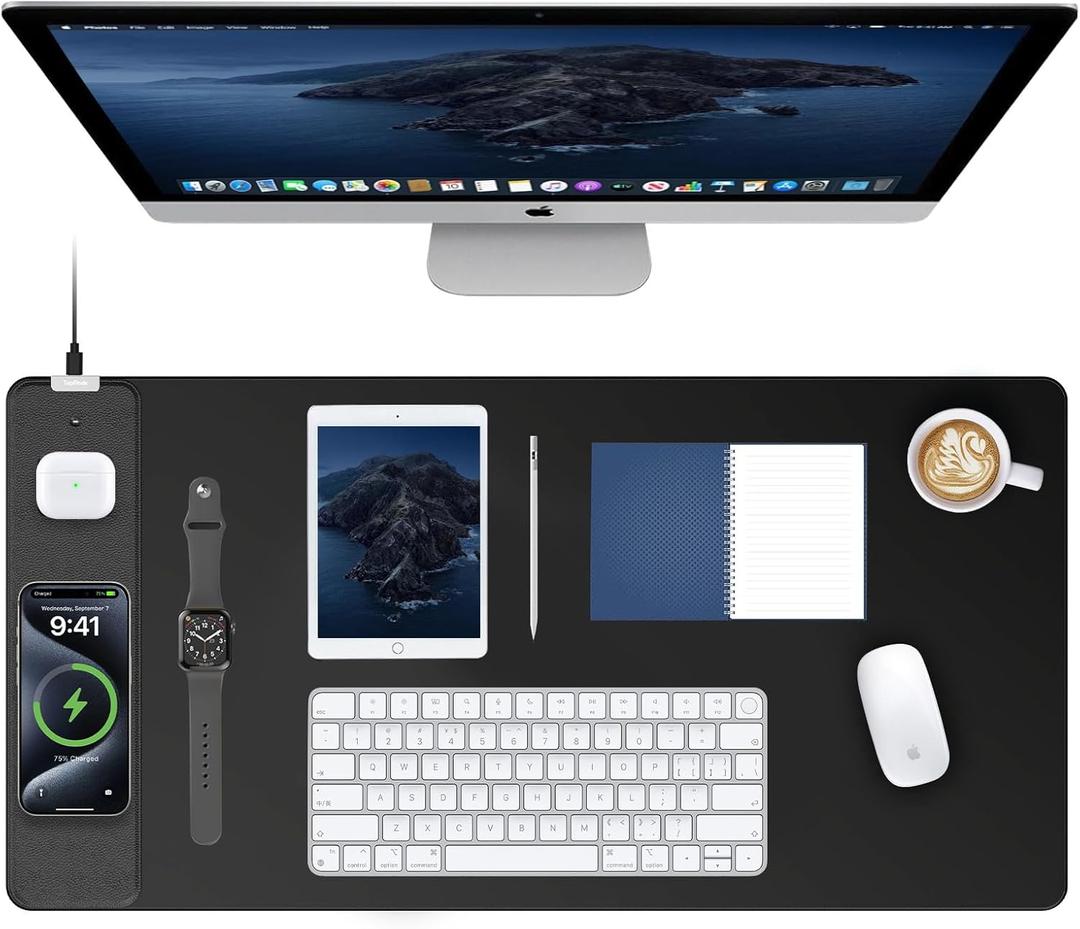 TopMade Mouse Pad with 15W Fast Wireless Charging, 31.5"x15.75" XXL Large Gaming Waterproof Desk Pad with Ultra-Smooth Surface, Non-Slip Base, Computer Desk Mat for MacBook, PC, Laptop, Black (Black - Left Side Charger)