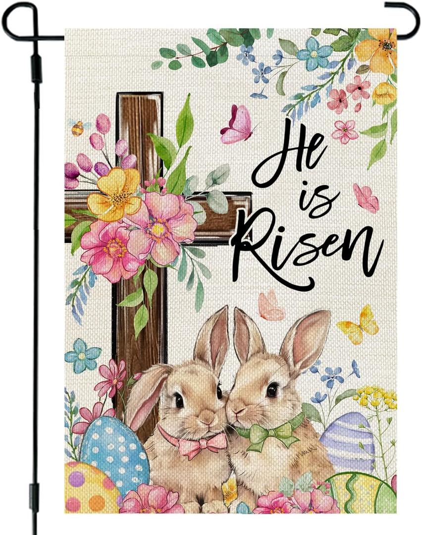 3 x CROWNED BEAUTY Easter Garden Flag He is Risen Cross Bunnies 12x18 Inch Double Sided Floral Holiday Decoration for Outdoor Lawn Yard