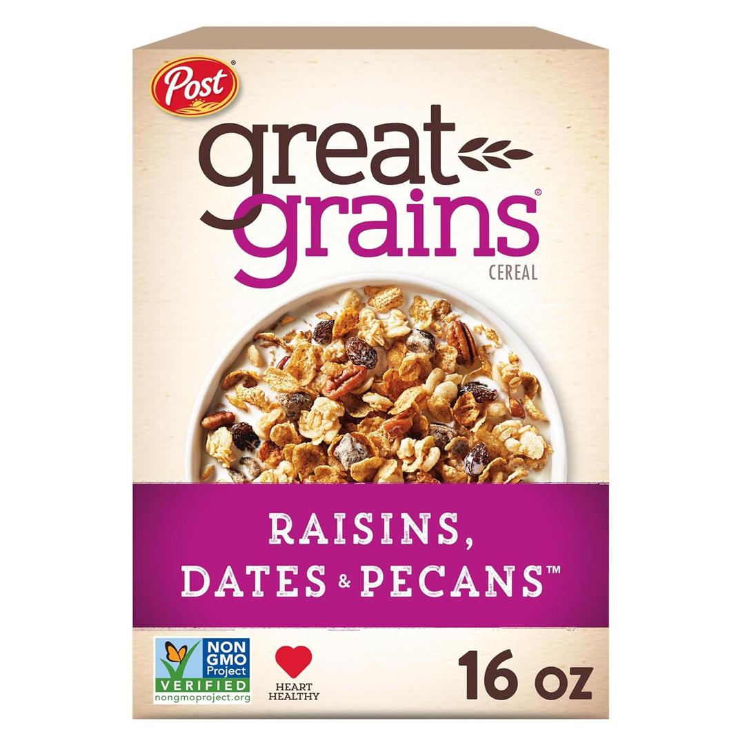 Great Grains Raisins Dates and Pecans Breakfast Cereal, Raisin Cereal with Sweet Dates and Granola Clusters, Non-GMO Project Verified, 16 OZ Box (EXP 02/03/26)