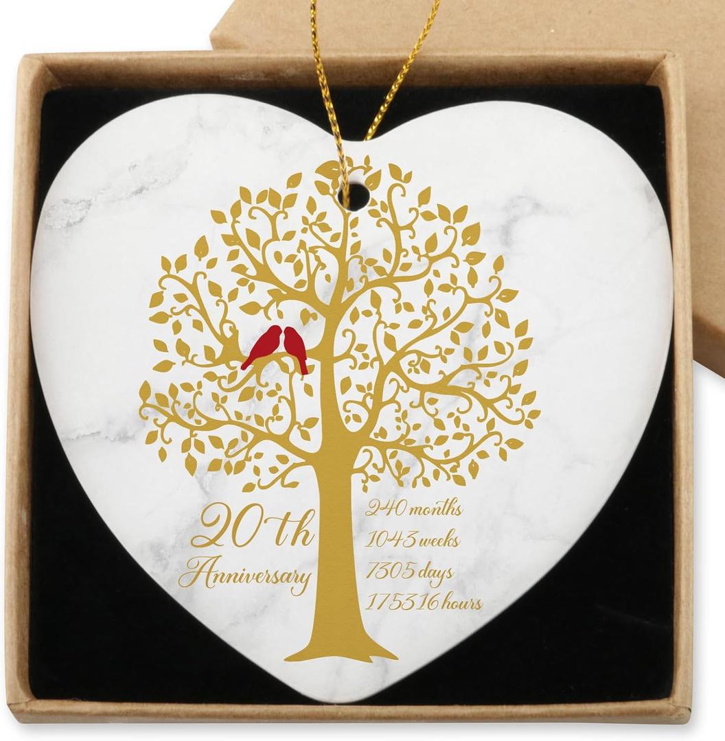 20 Years Anniversary Hanging Ornament for Him Her 20th Anniversary Wedding Gifts for Husband Wife 20 Years Valentines Ornament for Couple Christmas Ceramic Heart Keepsake