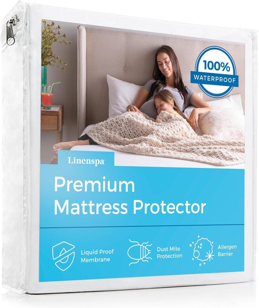 Linenspa Waterproof Mattress Protector, Full Size Fitted Sheet Style, Breathable, Machine Washable & Dryer Safe, White