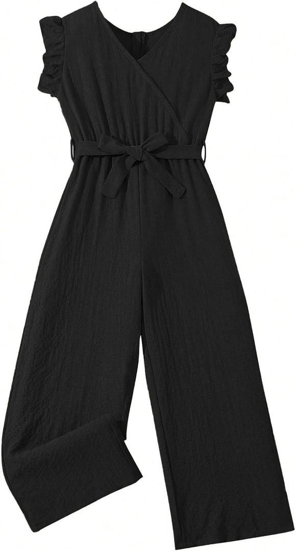 WDIRARA Girl's Ruffle Trim Wrap V Neck Cap Sleeve Cute Jumpsuit Belted Wide Leg Pants 11Y