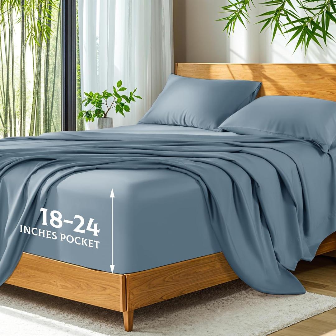SONORO KATE 100% Viscose Derived from Bamboo_, Extra Deep Pocket up to 18"-24",Ultra Soft & Cooling Sheets for Hot Sleepers, Hotel Luxury Silky Bed Sheets (French Blue,Queen)