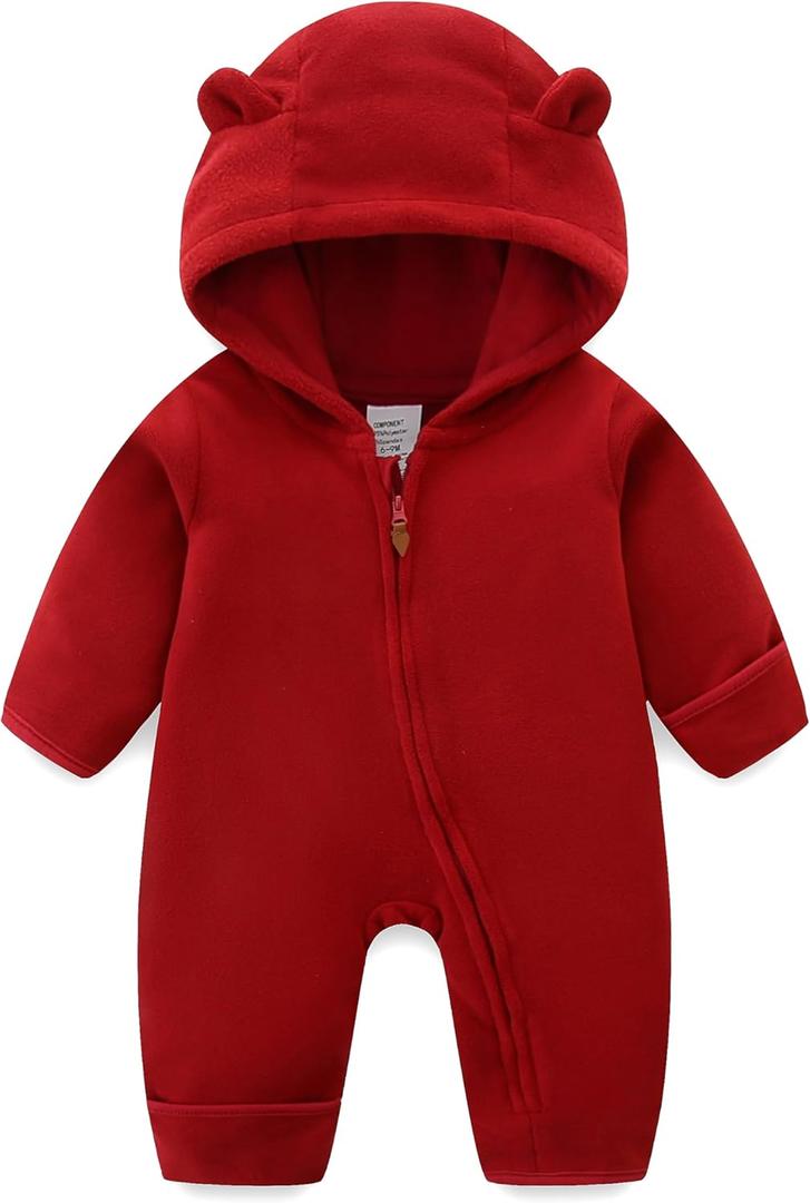Newborn Baby Bear Onesie Winter Snowsuit With Fold-over Mittens & Footies Zip Up Baby Fleece Jumpsuit 12-18M
