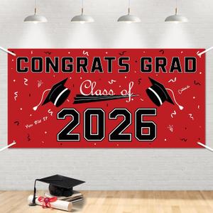 3 x Graduation Decorations 2026 - Red Polyester Graduation Backdrop - Graduation Party Decorations - Congrats Grad Banner - Graduation Decorations Class of 2026,Graduation Party Favors Supplies Yard Sign