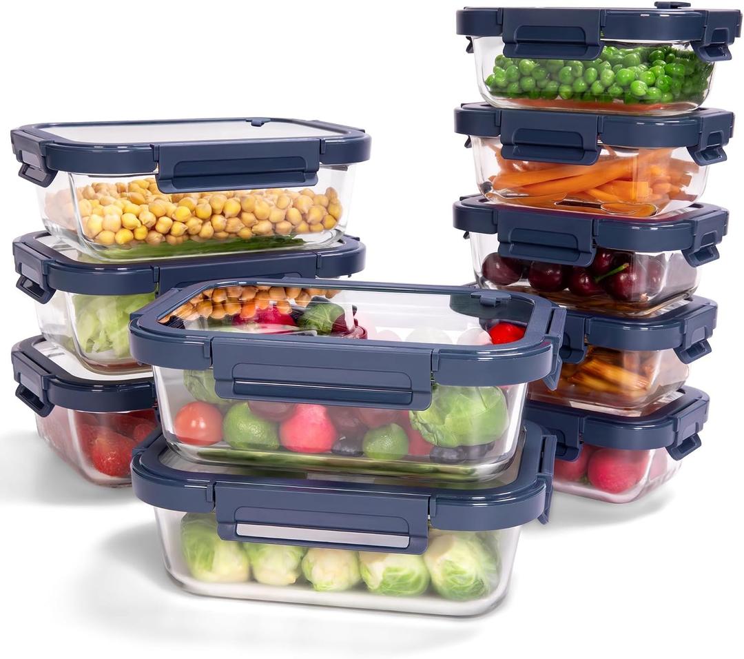 10-Pack Glass Food Storage Containers with Tempered Glass Lids – Borosilicate, Airtight, Oven-Safe (-4°F~950°F), BPA-Free, 4.4 & 1.6 Cup, Leak-Proof, Dishwasher Safe (Blue)