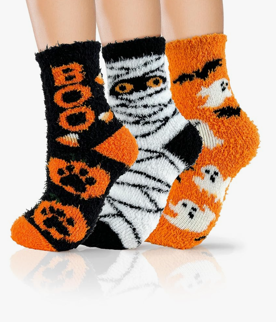 72-Needle Buttery Soft Halloween Fuzzy Socks for Women Girls, Cozy Funny Crazy Cute Fluffy Warm Slipper Socks 3 Pairs, Halloween Gifts Boo Spooky Basket Stuffers