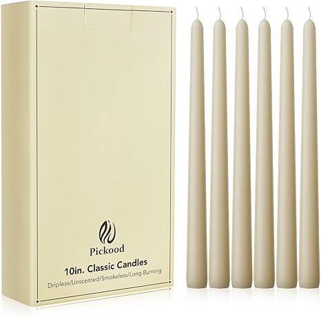 New Burning Formula Unscented Dripless 10-Inch Taper Candles Set of 12, for Wedding, Dinner - Smokeless, Long Burning - Hand Poured, Colored Tall Candlesticks - Ivory