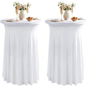 Dimatic 2 Pack White High Top Cocktail Tablecloth Stretch Cocktail Table Cloth with Skirt Fitted 32 inch Round Spandex Table Cloths for Party Wedding Banquet Birthday
