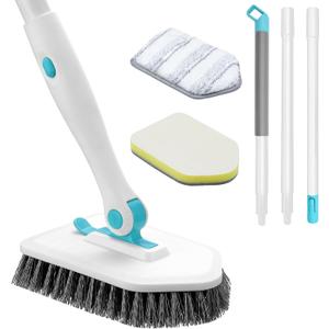 nacena Shower Scrubber with Long Handle, 3 in 1 Tile Tub Scrubber Brush with 3 Detachable Cleaning Heads Adjustable Handle Shower Cleaner Brush for Bathroom, Kitchen, Toilet, Wall, Sink, Blue White