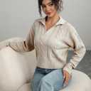 Women's V Neck Cable Pullover Sweaters Casual Long Sleeve Cropped Knitted Tops (Medium, Beige)