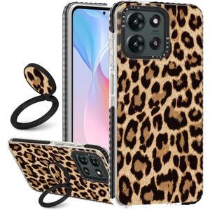 Boaretiu for Motorola Moto G 2025 Case - with Stand Cute Kawaii Fashion 360 Rotate Ring Holder Kickstand Leopard for Women Girls Boys Teens Girly Case for Moto G 2025