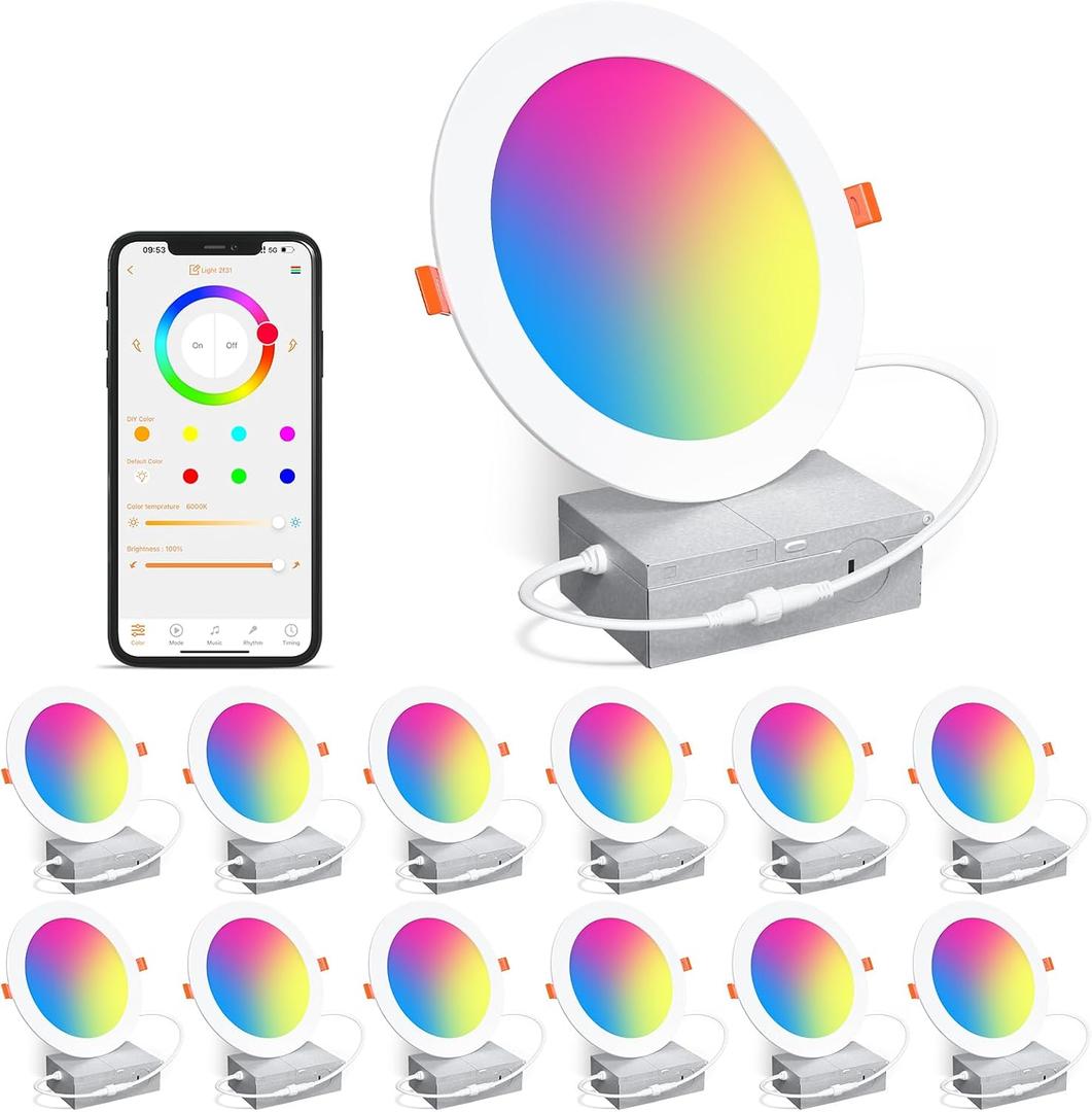 SikSog Smart Recessed Lighting 6 Inch RGBCW Color Changing 16W LED Downlight with Junction Box,1350 Lumen Recessed Ceiling Light Compatible with Alexa, Dimmable by Bluetooth Control -12Pack