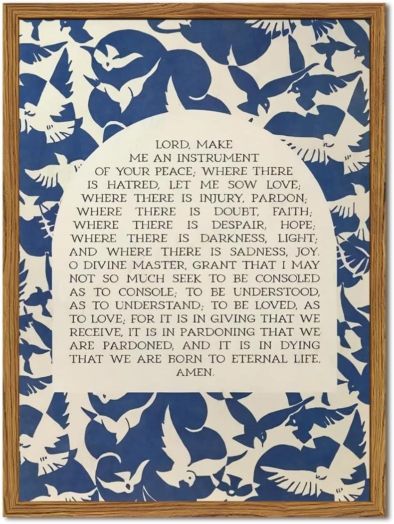 Christian Lords Prayer Wall Art Jesus Bible Verse Wall Decor Painting, Mid Century Francis Scripture Poster Canvas Prints Blue Religious Quotes Room Artwork 16x24 inch Wood Framed