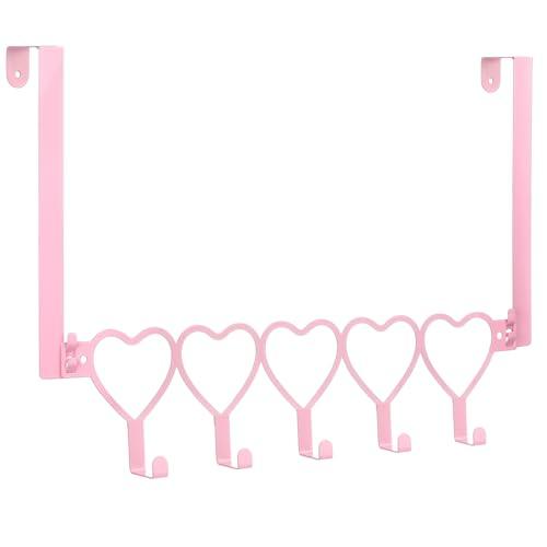 AceOrbit Pink Heart Over The Door Hooks Hanger Wall Mount Towel Hanger Door Holder Organizer 5 Hooks Kawaii Farmhouse Rustic Coquettish Style Decor for Bedroom Bathroom Towel Hat Clothes